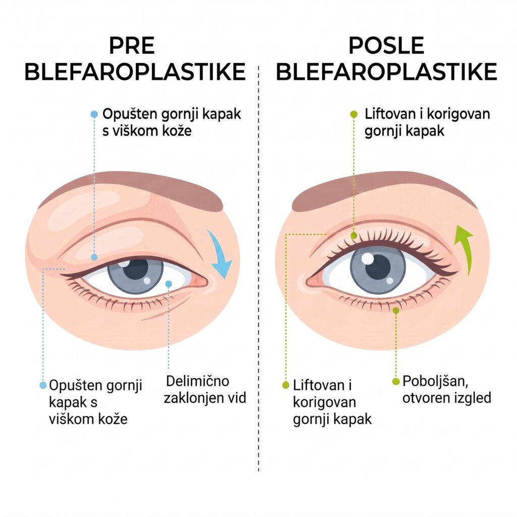 Blefaroplastika gornjih kapaka — pre i posle operacije, rezultati u ordinaciji Elite